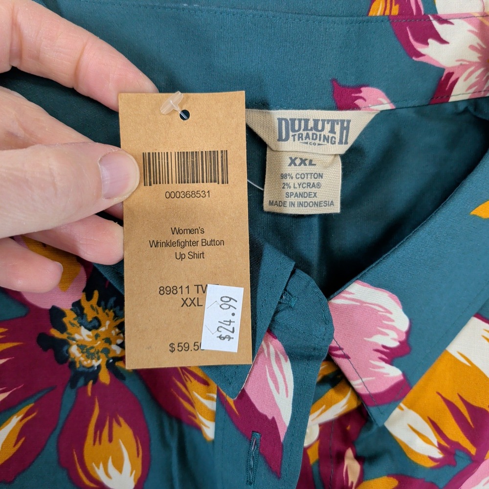 Duluth Trading Co Womens XXL Wrinklefighter Floral Button Up Shirt Teal Pink - Picture 4 of 5